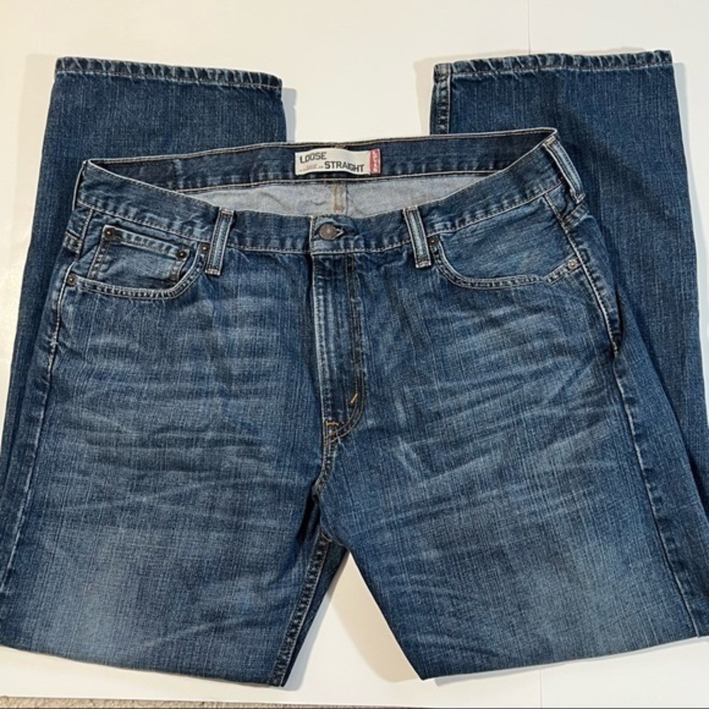 Levi's 569 Loose Straight Jeans Dark Wash Whiskered Distressed  W36 L32